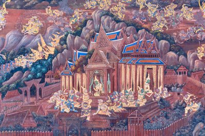 Mural depicting scenes from the Ramayana at Wat Phra Kaeo, the Royal Grand Palace, Bangkok, Thailand by Thai School