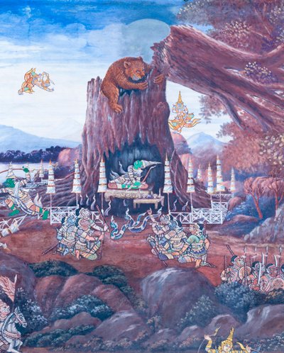 Mural depicting scenes from the Ramayana at Wat Phra Kaeo, the Royal Grand Palace, Bangkok, Thailand by Thai School