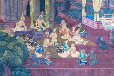 Mural depicting scenes from the Ramayana at Wat Phra Kaeo, the Royal Grand Palace, Bangkok, Thailand by Thai School