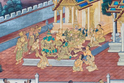 Mural depicting scenes from the Ramayana at Wat Phra Kaeo, the Royal Grand Palace, Bangkok, Thailand by Thai School