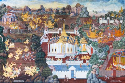 Mural depicting scenes from the Ramayana at Wat Phra Kaeo, the Royal Grand Palace, Bangkok, Thailand by Thai School