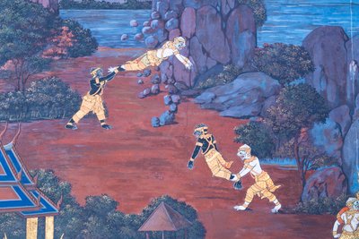 Mural depicting scenes from the Ramayana at Wat Phra Kaeo, the Royal Grand Palace, Bangkok, Thailand by Thai School