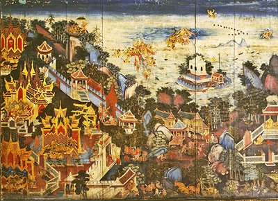 Rear panel of a wardrobe depicting a scene from the Ramakien by Thai School