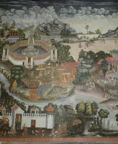 Town of Phitsanulok and Fountain with Statues of the Buddha, Wat Bowonniwet Vihara, Bangkok by Thai School