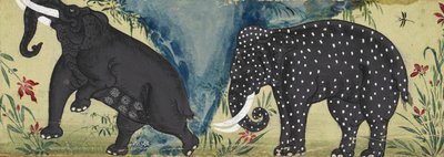 Two elephants by a river, one covered in white spots by Thai School