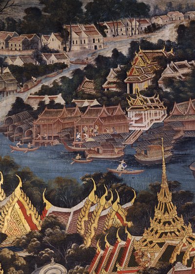 View of Bangkok Royal Palace, the Chao Phraya River and Tonburi, Showing Wooden Thai Houses and Brick and Stucco Chinese Dwellings, 1864 by Thai School