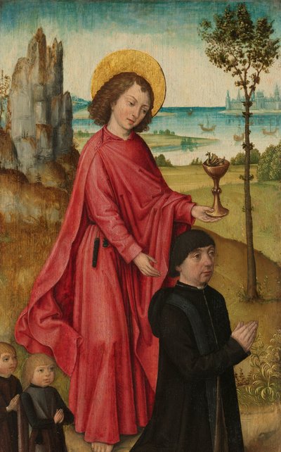 A Donor and his Two Sons with Saint John the Evangelist, Inner Left Wing of a Triptych by The (Bruges) Master of the Legend of Saint Ursula (workshop of)