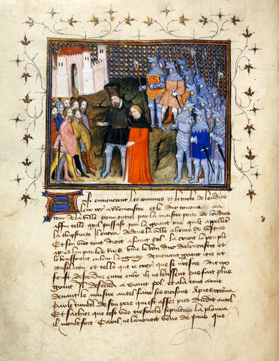 King Richard II, led captive by Henry Bolingbroke to London, renounces the throne; decorated border with text below by The Virgil Master