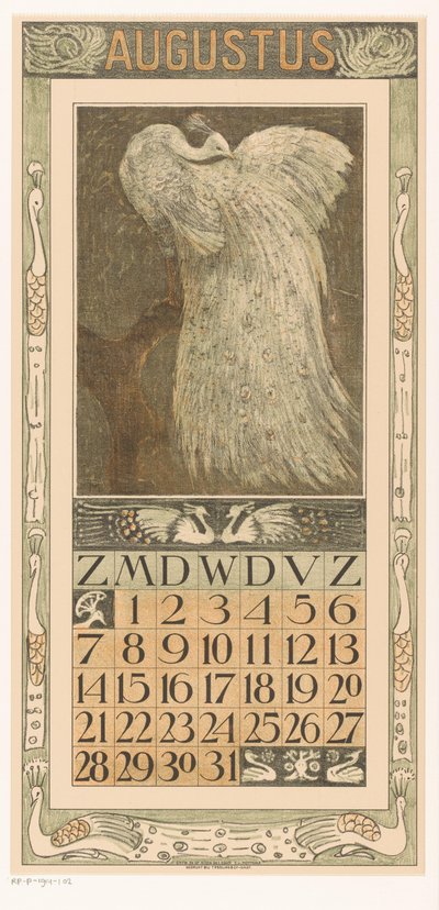 Calendar Page August with White Peacock by Theo van Hoytema