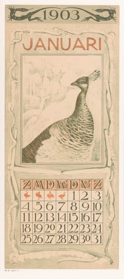 Calendar Page January with Peacock (Calendar 1903, 12 Lithographs by Th. v. Hoytema) by Theo van Hoytema