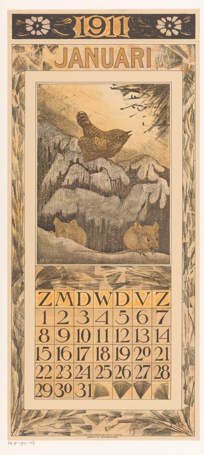 Calendar Page January with Winter Wren and Mice by Theo van Hoytema