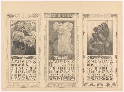Calendars for July, August, and November 1910 by Theo van Hoytema