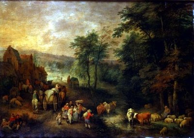 Wooded Landscape with Peasants and Wagons by Theobald Michau