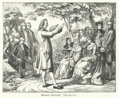 The Weimar Court of the Muses: German poet and playwright Friedrich Schiller reading at Schloss Tiefurt, with Christoph Martin Wieland, Johann Wolfgang Goethe and Johann Gottfried Herder among those listening by Theobald Reinhold von Oer