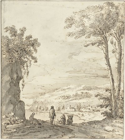 Italian River Landscape with Walkers by a Rock by Theodoor Wilkens