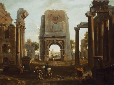A Capriccio of Roman Ruins with the Arch of Titus and Figures by Theodor (circle of) Helmbreker