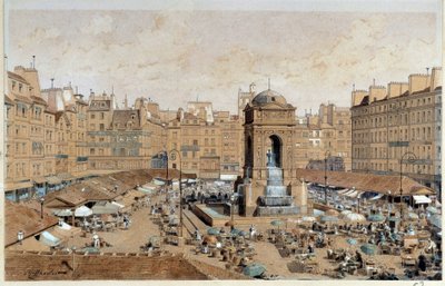 View of the Marche and Fountain of the Innocents in Paris in the 19th Century by Theodor Josef Hubert Hoffbauer