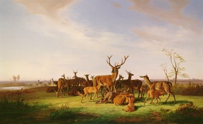A Herd of Deer in a Sunlit Pasture by Theodor Julius Kiellerup