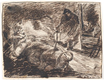 Stable Interior at Evening with Lying Cows and a Man with a Lantern by Theodor Philipsen