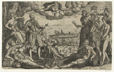 Comparison between Orange and Alva, with the Spanish Fury in the background, ca. 1577 by Theodor de Bry (attributed to)