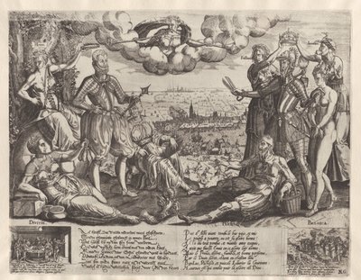 Comparison between Orange and Alva, with the Spanish Fury in the background, ca. 1577 by Theodor de Bry (attributed to)