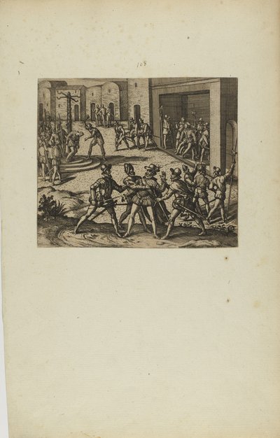 (Jacobus Almagrus a Ferdinando Pizarro Invincula Coniicitur in Carcere....) (from book, Americae, part six) by Theodor de Bry