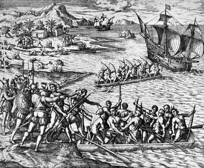 An attack by Indians, La Herradura published in 1930 by Theodor de Bry