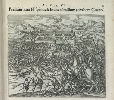 Battle between the Spaniards and the Indians at the Gates of Cuzco, 1596 by Theodor de Bry