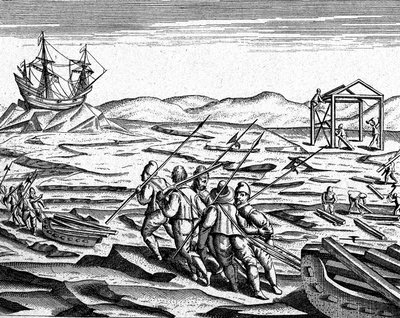 Building of a House for Winter at North Pole by Theodor de Bry