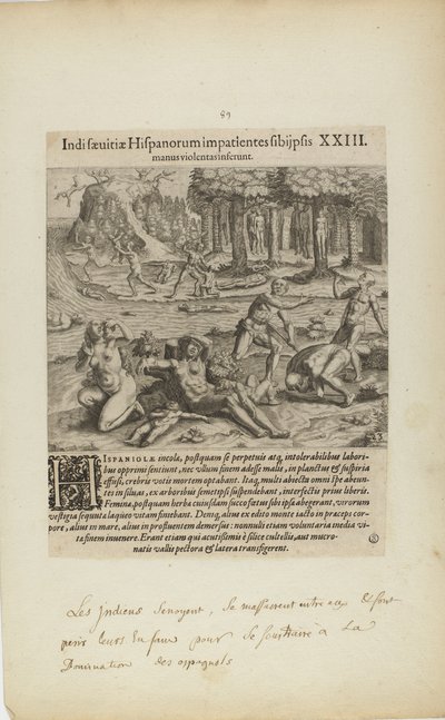 Indisaeuitiae Hispanorum Impatientes Sibi Psis/Manus Violentas Inserunt. XXIII. (from book, Americae, part four) by Theodor de Bry