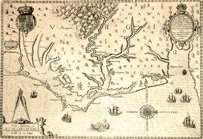 Map of 1590 engraved by Theodore de Bry after watercolour by the English colonist John White, governor of Roanoke. Virginia and coast with small islands and Roanoke at mouth of river. Secotan and Weapemeoc native lands by Theodor de Bry