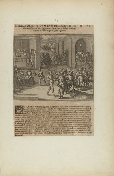 Mercatores Quidam cum Deessent Illis Cibi Quibus Vescerentur in.... (from book, Americae, part five) by Theodor de Bry