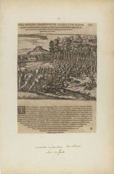 Moli Hispanos Adgrediuntur, Praefectum Eorum Cedunt: Tandeum.... (from book, Americae, part five) by Theodor de Bry