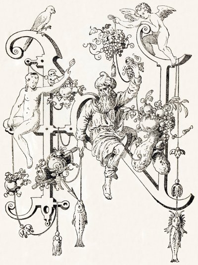 N - The Wise Natham - Alphabet by T. de Bry (New Artistic Alphabet) by Theodor de Bry
