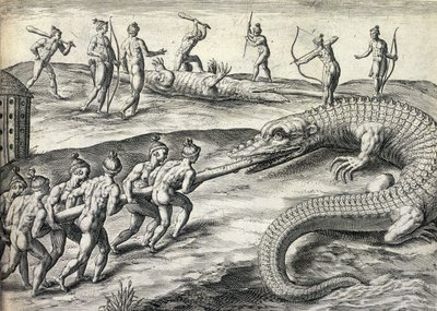 Naked Native Americans hunting alligators in Florida, USA by Theodor de Bry