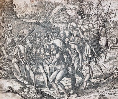 Natives being boarded onto ships to be taken to slavery in Seville, engraving by Theodor de Bry, Antilles by Theodor de Bry