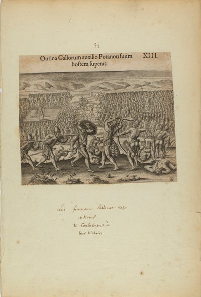 Outina Gallorum Auxilio Potanou Suum Hostem Superat. XIII. (from book, Americae, part two) by Theodor de Bry