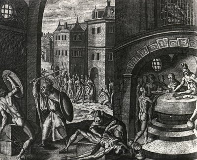 Priest kills victim of fake fight and then skins body, Mexico, engraving from Peregrinationes, by Theodor de Bry by Theodor de Bry
