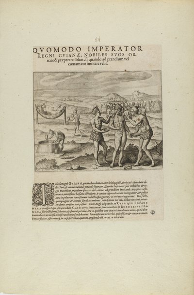How the Emperor of the Kingdom of Guiana Adorns His Nobles... (from book, Americae, parts seven and eight) by Theodor de Bry