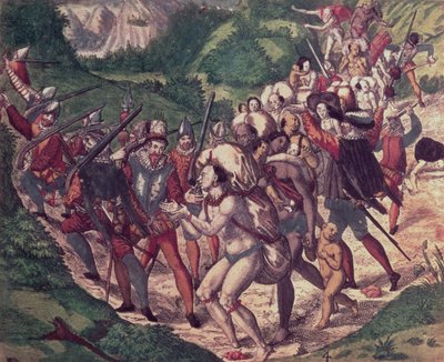 The Cruelty of Petrus de Calyce: Indian slaves in Peru ill-treated by Spanish soldiers (engraving) by Theodor de Bry