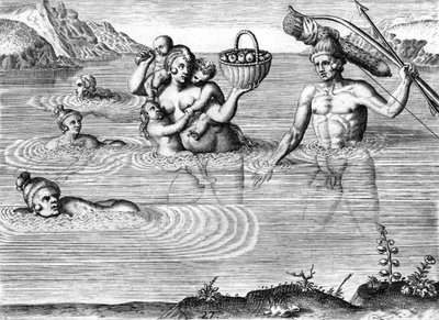 Timucuan Indians Family Crossing a River by Theodor de Bry