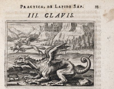 A Dragon, in the Background, a Chicken-stealing Wolf Attacked by a Rooster (Engraving by Theodore de Bry) by Theodor de Bry