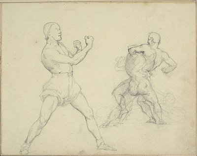 Boxer Facing Right and Two Men Wrestling by Theodore Gericault