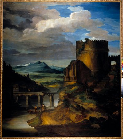 Great Landscape of Italy: Landscape of Ruins, Tower and Bridge, by Theodore Gericault (1791-1824) 19th Century by Theodore Gericault
