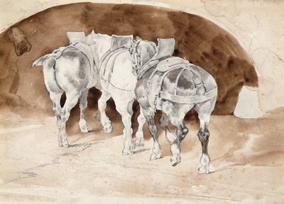 Three heavy horses in harness by Theodore Gericault