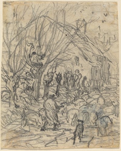 A Flock of Sheep before a Farmhouse by Theodore Rousseau
