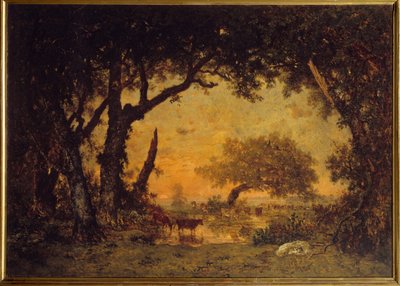 Exit of the Forest in Fontainebleau, Sunset by Pierre Etienne Theodore Rousseau