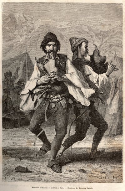 Morlac musicians from the district of Zara in traditional costume. Engraving illustrating a voyage by Theodore Valerio