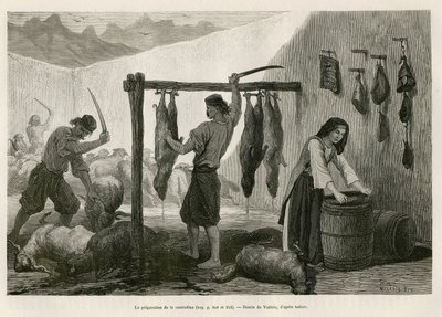 The preparation of the castradina, specialty of meat of sheep and goat salted and smoked, towards the end of October, in Dalmatia (Istria and Herzegovina) by Theodore Valerio