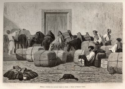 Turkish Caravans Arriving at Sebenico Customs (Serbia) (engraving after the drawing of Theodore Valerio, to illustrate a story) by Theodore Valerio